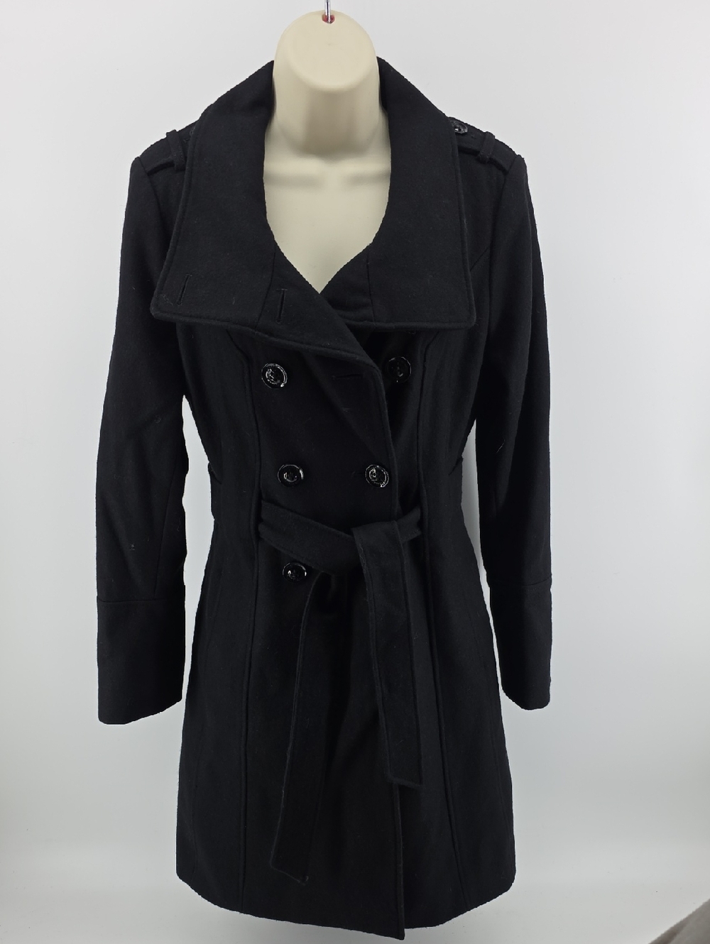 Guess Black Double-Breasted Pea Coat with Waist Tie